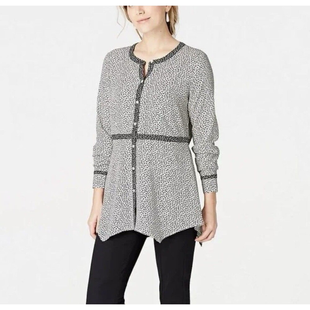 J. Jill Cream Tossed Florette Black White Floral Dipped-Hem Blouse Top Women's M